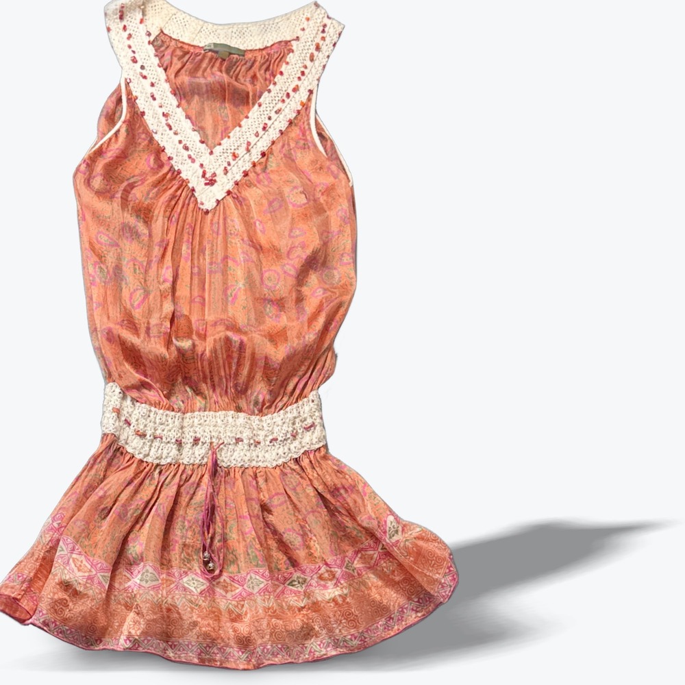 Poupette St Barth Coral Pink Paisley Mini Dress with Crochet Trim